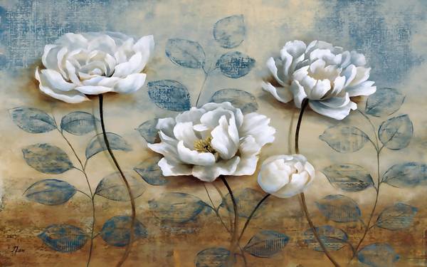 پوستر دیواری سه بعدی گل های سفید آبی با پس زمینه نقاشی  رنگ روغن