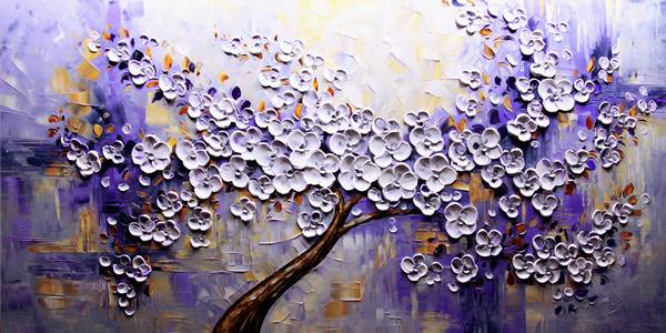 پوستر دیواری سه بعدی درخت شکوفه های بنفش  رنگ روغن