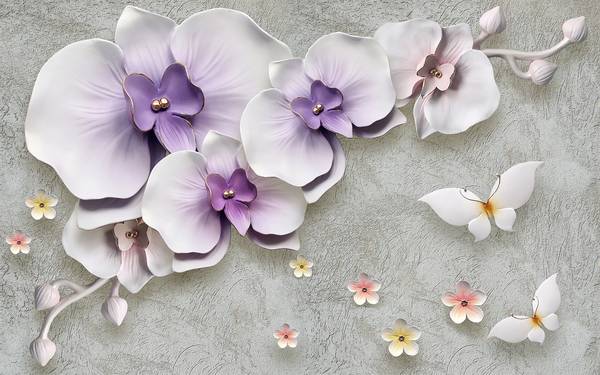 پوستر دیواری سه بعدی گل های بنفش سفید با پروانه های زیبا