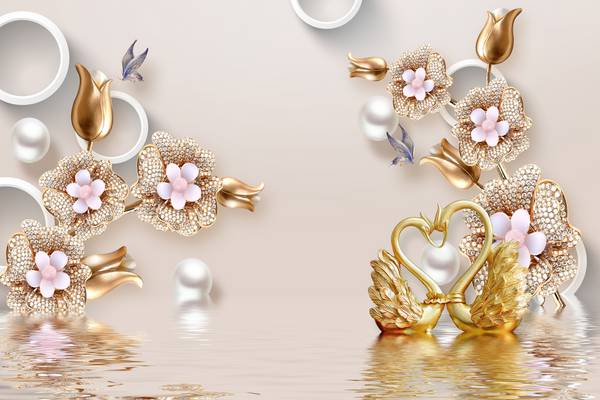 پوستر سه بعدی قوهای طلایی و گل های جواهرنشان صورتی در آب