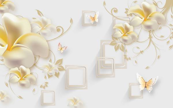 پوستر دیواری سه بعدی گل های سفید طلایی با پس زمینه مربع های سفید