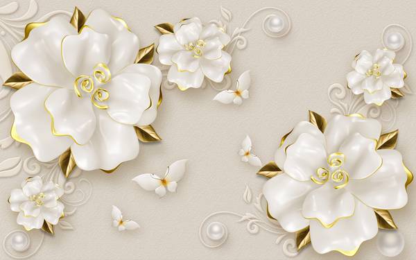 پوستر دیواری سه بعدی گل های سفید طلایی با پزوانه های سفید زیبا