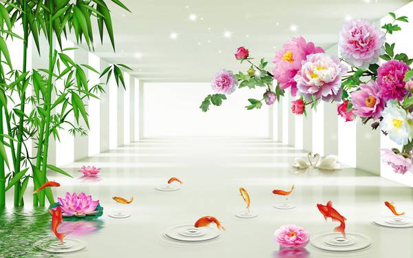 پوستر دیواری سه بعدی گل های صورتی با درختچه های سر سبز و ماهی ها در آب