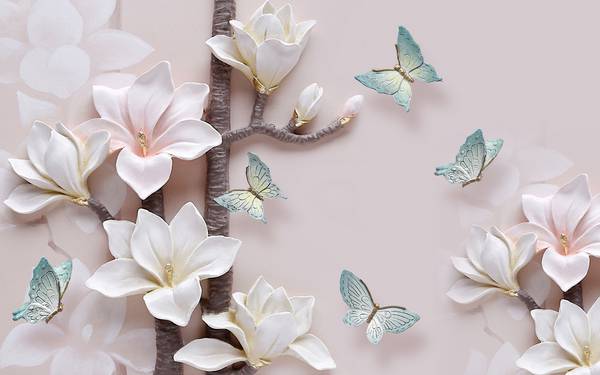 پوستر دیواری سه بعدی گل های سفید با پس زمینه ی صورتی و پروانه های آبی