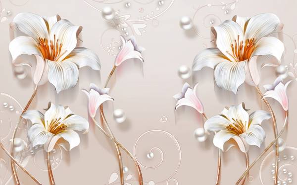 پوستر دیواری سه بعدی گل های سفید با پس زمینه ی صورتی