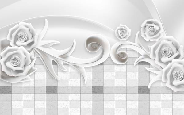 پوستر دیواری سه بعدی گل های سفید نقره ای با پس زمینه ی مربع مربع