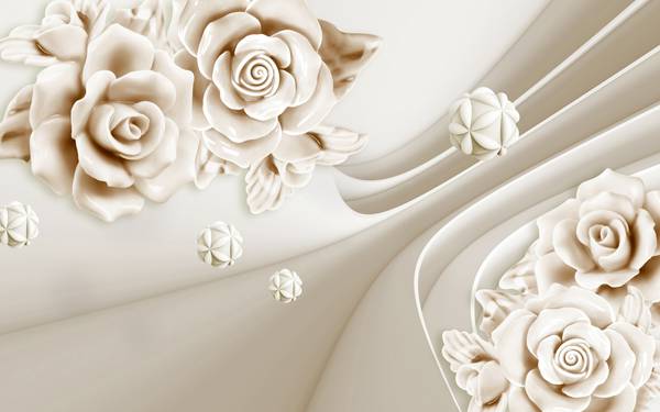 پوستر دیواری سه بعدی گل های بژ با پس زمینه راهرو های سفید