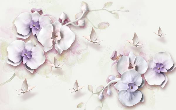 پوستر دیواری سه بعدی گل های سفید بنفش با پس زمینه ی سفید