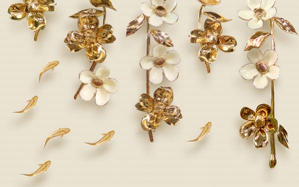 پوستر دیواری سه بعدی گل های هلندی طلایی و سفید