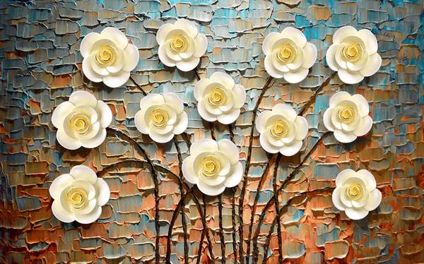 پوستر دیواری سه بعدی گل های سفید و زرد در پس زمینه اجری