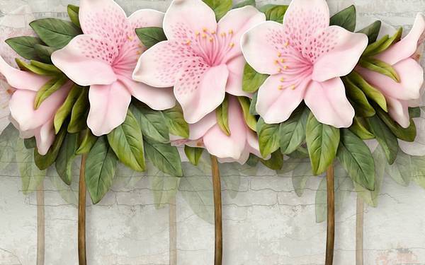 پوستر دیواری سه بعدی گل های صورتی و برگ های سبز