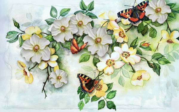 پوستر دیواری سه بعدی گل ها و پروانه های نقاشی شده ی زیبا
