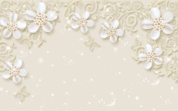 پوستر دیواری سه بعدی گل های سفید در پس زمینه خاکی