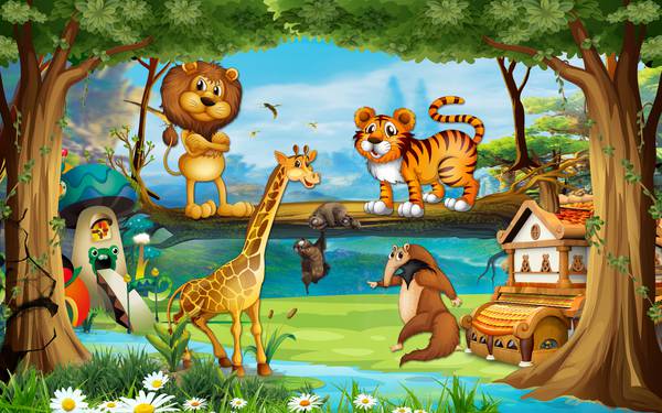 پوستر دیواری سه بعدی کارتونی جنگل و حیوانات