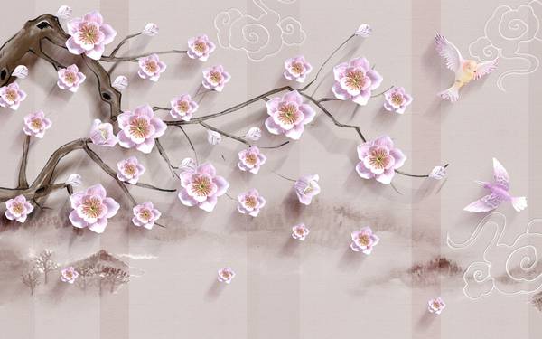 پوستر دیواری سه بعدی شکوفه های زیبا صورتی روی درخت