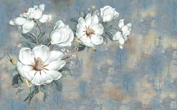 پوستر دیواری سه بعدی گل های سفید نقاشی در پس زمینه آبی