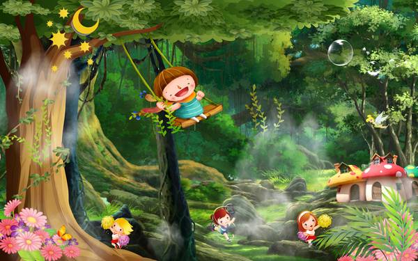 پوستر دیواری سه بعدی کارتونی کودک در حال تاب بازی در جنگل