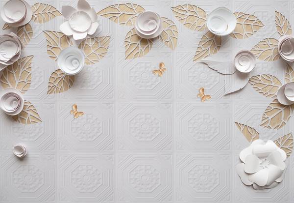 پوستر دیواری سه بعدی گل های سفید ریز زیبا