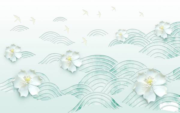 پوستر دیواری سه بعدی گل های سفید و ابی