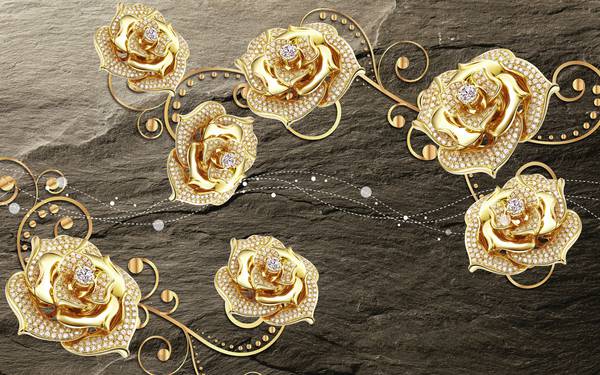 پوستر دیواری سه بعدی گل های طلایی با پس زمینه ی مشکی