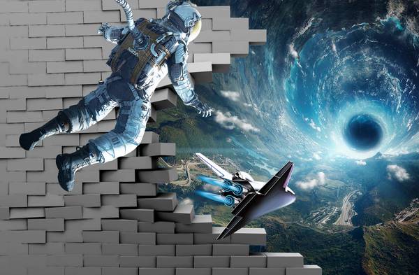 پوستر دیواری سه بعدی دیواره تخریب شده و فضانورد در کهکشان