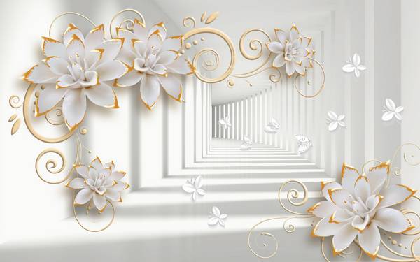 پوستر دیواری سه بعدی گل های سفید با حاشیه ی طلایی