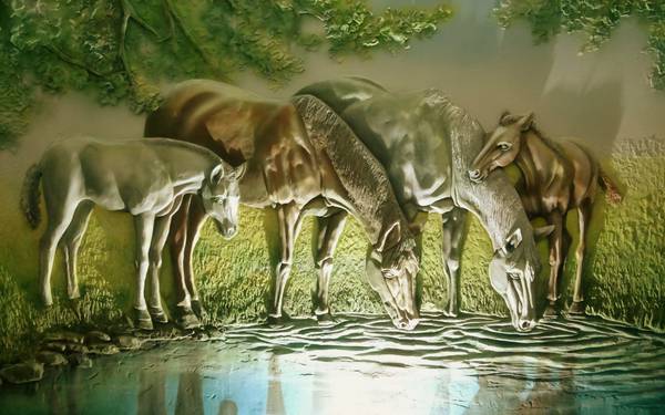 پوستر دیواری سه بعدی اسبهای در حال نوشیدن آب در طبیعت