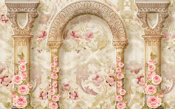 پوستر دیواری سه بعدی گلهای زیبای صورتی با ستون های قدیمی