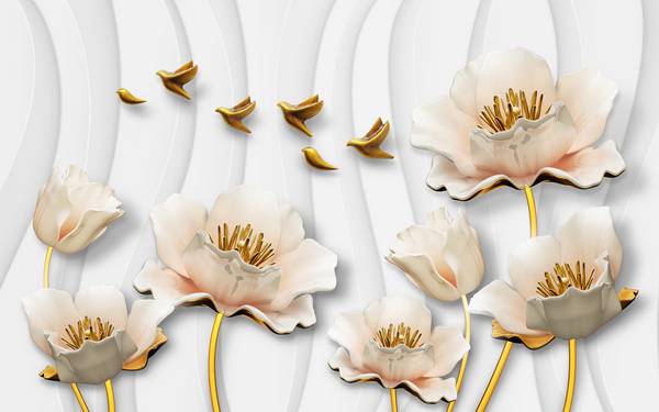 پوستر دیواری سه بعدی گل های سفید طلایی زیبا و پرنده ها