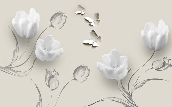 پوستر دیواری سه بعدی گل های سفید با پروانه ها و پس زمینه ی خاکستری