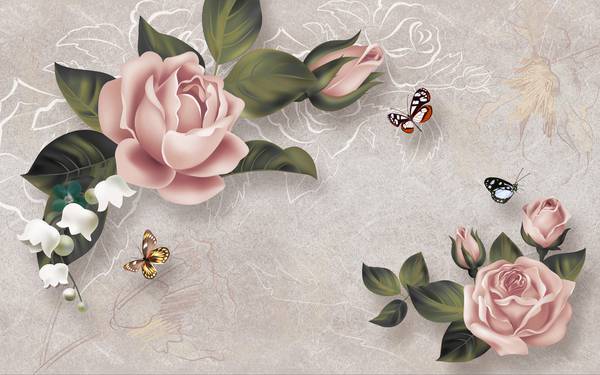 پوستر دیواری سه بعدی گل های صورتی با برگ های سبز و پروانه های قهوه ای