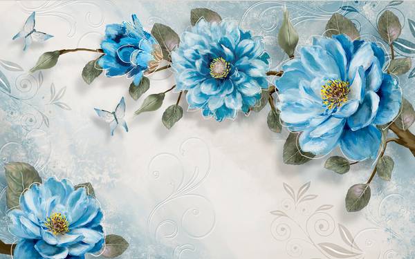 پوستر دیواری سه بعدی نقاشی گل های آبی با پس زمینه ی سفید