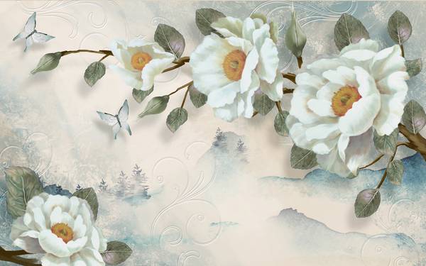 پوستر دیواری سه بعدی نقاشی گل های سفید و برگ های سبز با پس زمینه ی سفید