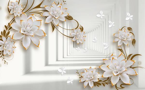 پوستر دیواری سه بعدی گل های سفید با شاخه های بژ