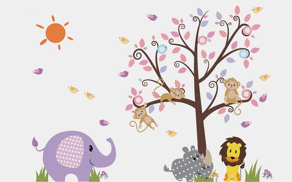پوستر دیواری سه بعدی انتزاعی از درخت و فیل و شیر