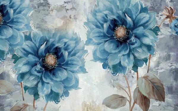پوستر دیواری سه بعدی نقاشی گل های آبی با مرکز خاکستری
