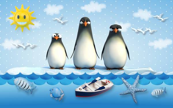 پوستر دیواری سه بعدی کودکانه از دریا و پنگوئن ها