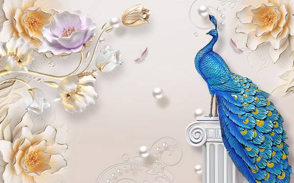 پوستر دیواری سه بعدی طاووس ها و گل های زیبا و سه بعدی