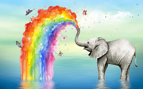 پوستر دیواری سه بعدی فیل و رنگین کمان