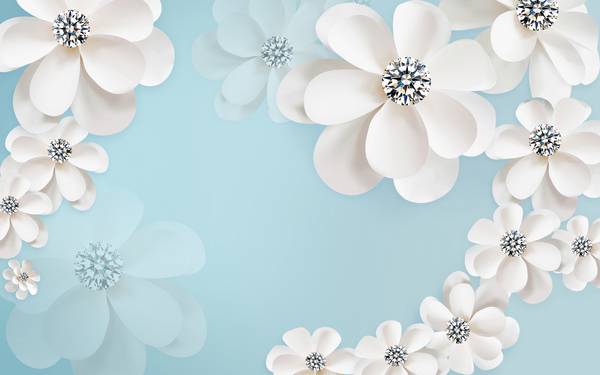 پوستر دیواری سه بعدی با پس زمینه آبی و گل های سفید برجسته