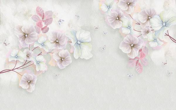 پوستر دیواری سه بعدی گل های سفید و صورتی با پس زمینه ی سفید