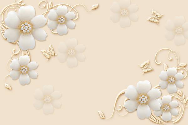 پوستر دیواری سه بعدی گل های سفید با پس زمینه ی گل دار صورتی
