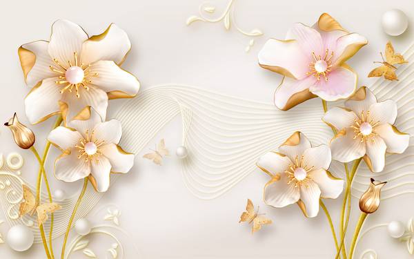 پوستر دیواری سه بعدی گل های سفید با ساقه های طلایی و پس زمینه ی صورتی