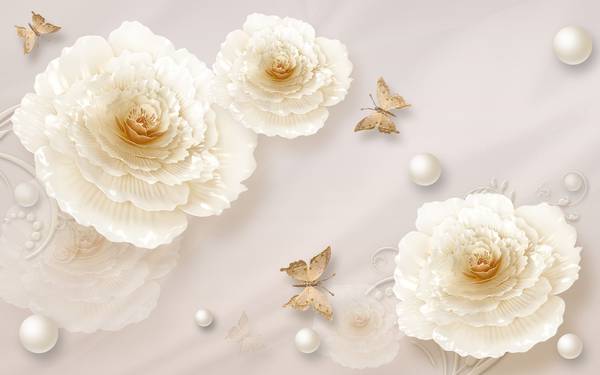 پوستر دیواری سه بعدی گل های سفید و اجسام کروی با پروانه های بژ