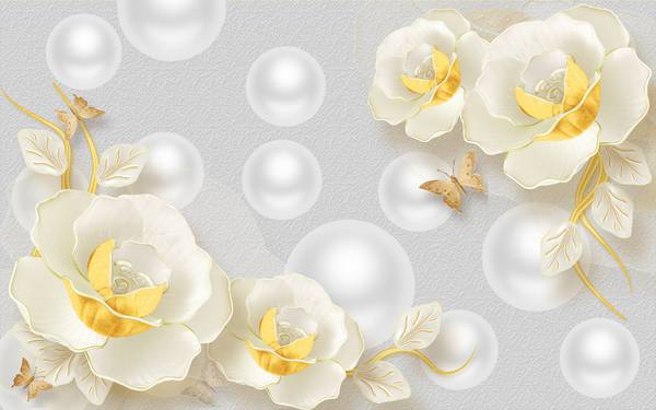 پوستر دیواری سه بعدی گل های هلندی سفید و طلایی زیبا