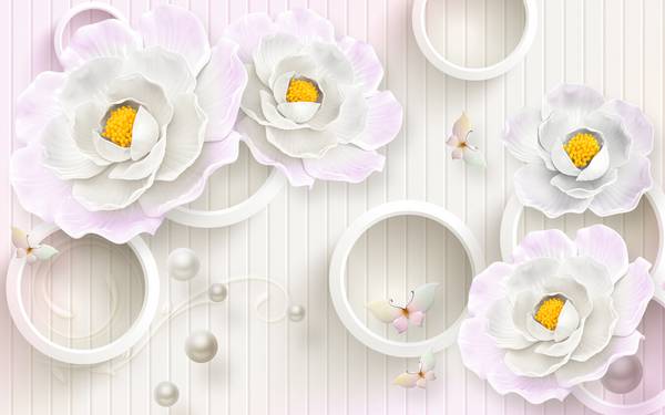 پوستر دیواری سه بعدی گل های سفید و دایره های سفید