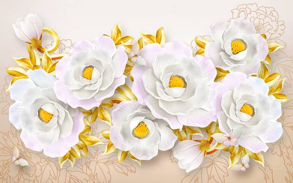 پوستر دیواری سه بعدی گلها های سفید با برگ های طلایی