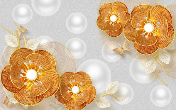 پوستر دیواری سه بعدی گل های سه بعدی نارنجی با بکگرانده دایره های سفید