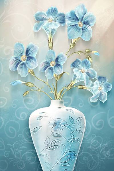 پوستر دیواری سه بعدی گل های آبی زیبا در گلدان سفید