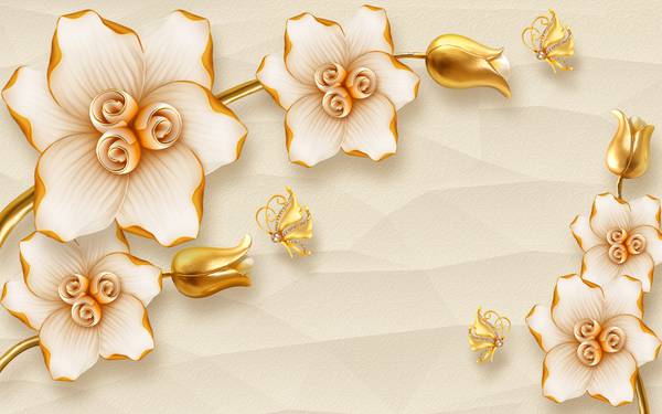 پوستر دیواری سه بعدی گل های سفید و طلایی شاخه های طلایی